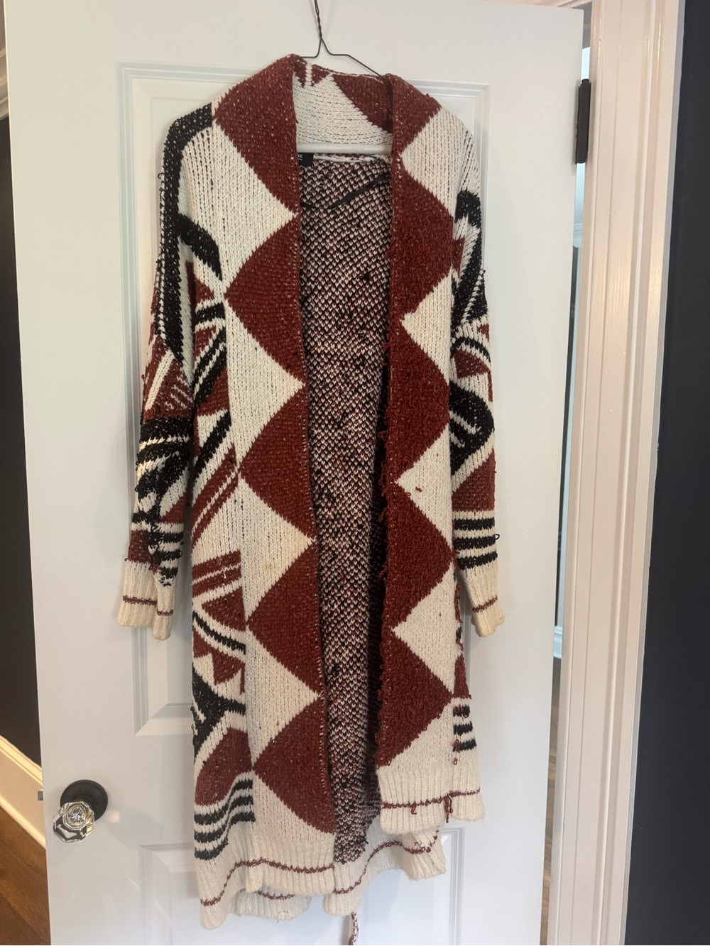 Cozy Geometric Long Cardigan Sweater - Cream & Rust with tie